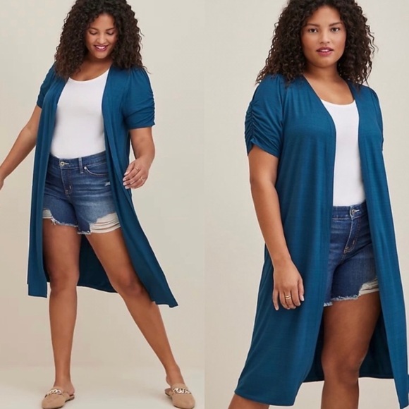 NWT Torrid Fit & Flare Ruched Sleeve Duster Cardigan in Teal Blue - Picture 1 of 7